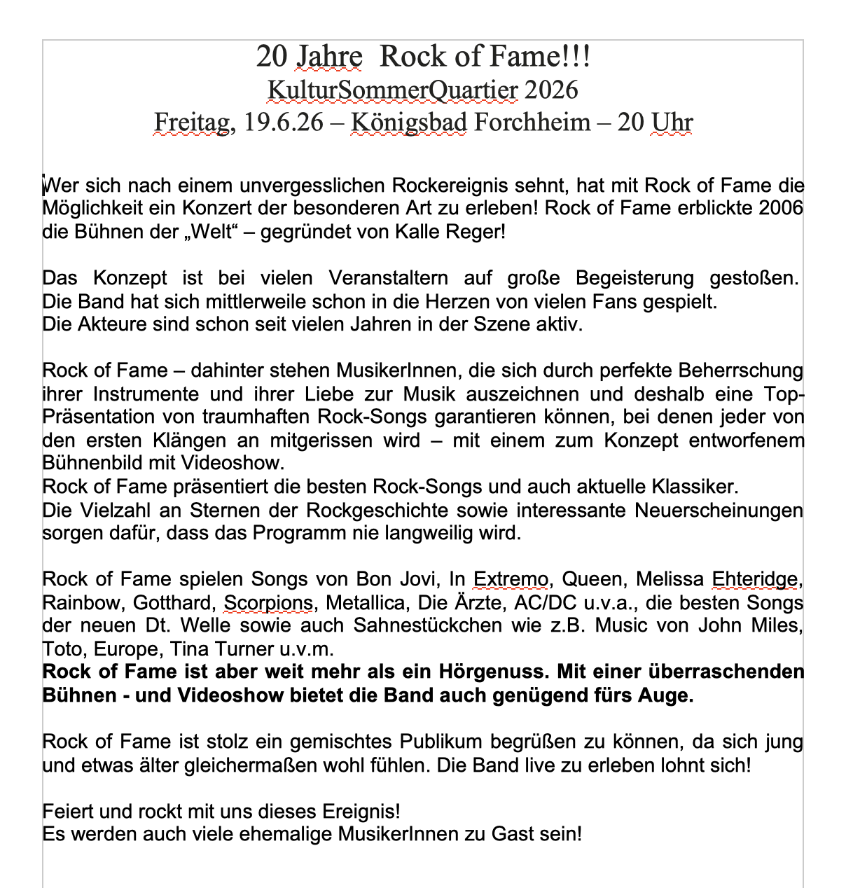 Rock of Fame Pressetext